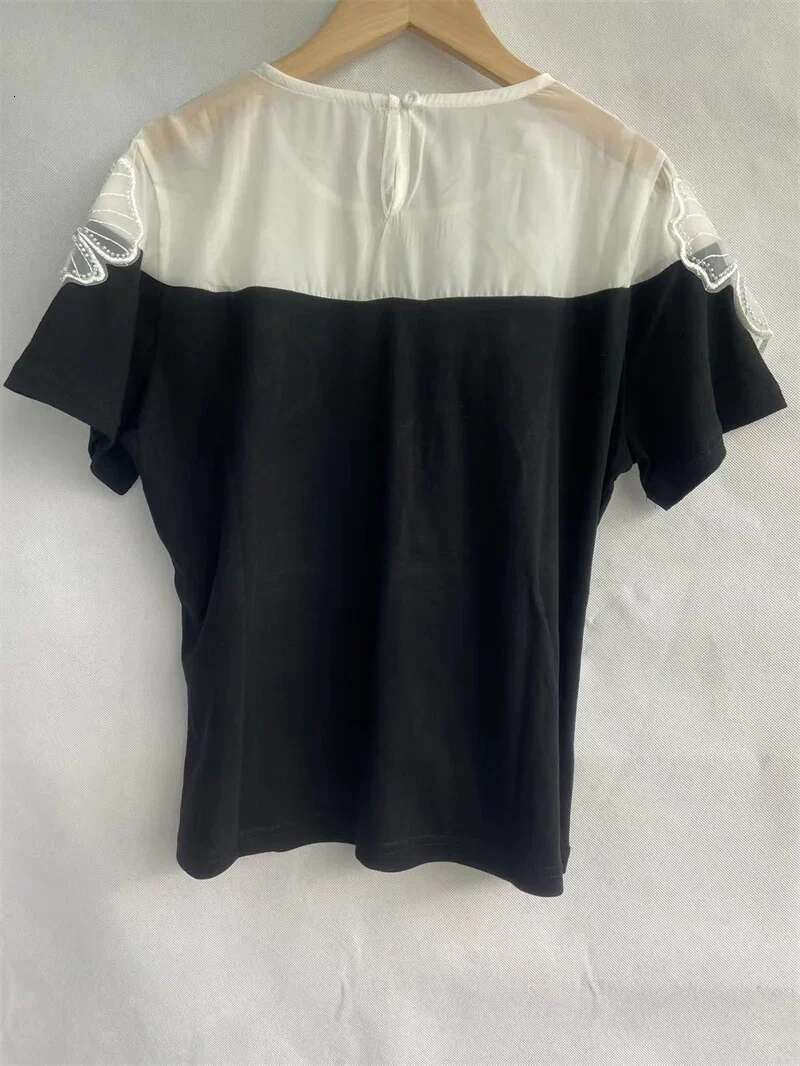 2025 Ropa Mujer Summer Tshirts for Women Elegant Blouses Short Sleeve Tees Patchwork Gauze Bead T Shirt Vintage Oversized Tops