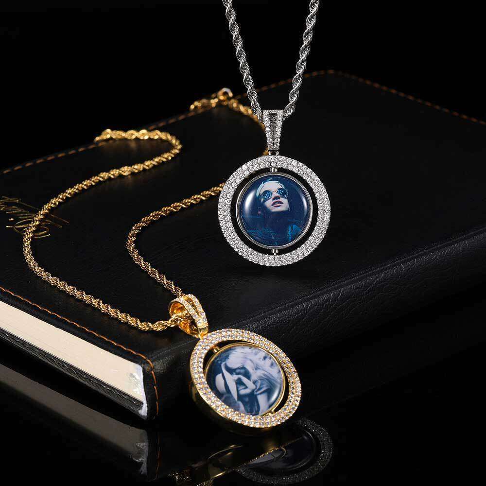 Hip Hop Frame DIY Creative Rotatable Hollow Double-Sided Round Photo Pendant Jewelry Trendy Brand 35d9
