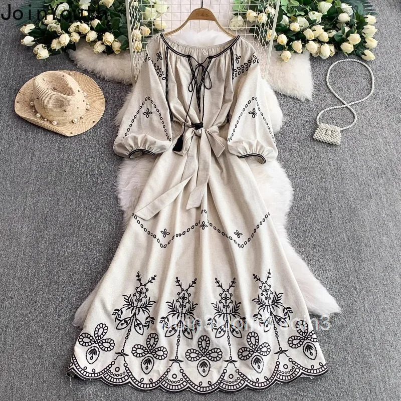 Vintage Dresses Womens Clothing 2025 Vestidos De Mujer O-neck Bandage Lantern Sleeve Robe Femme Chic Embroidery Summer Dress