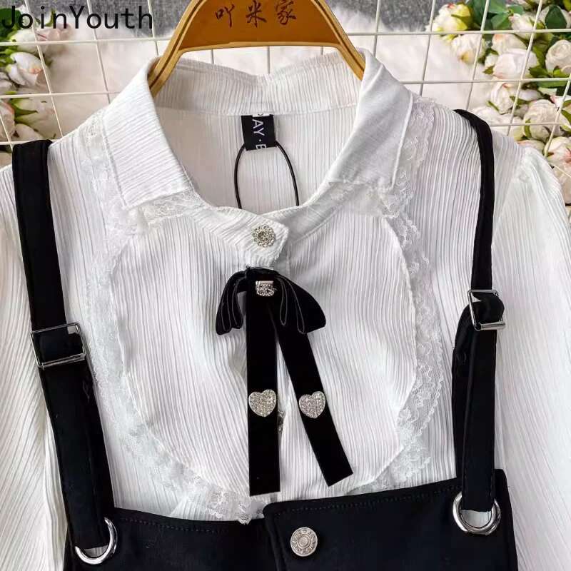 Womens Clothing Summer Two Piece Sets Lace Vintage White Shirt Strap and Jumpsuit Suit Fashion Korean Outfits 2025 Ropa Mujer