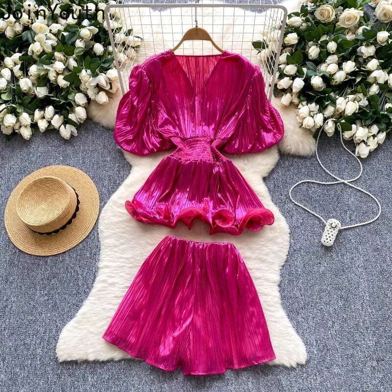Shorts Suit Chic 2 Piece Sets Womens Outfits Slim Waist Puff Sleeve V-neck Shirts High Waist Wide Leg Shorts Set Roupas Femme
