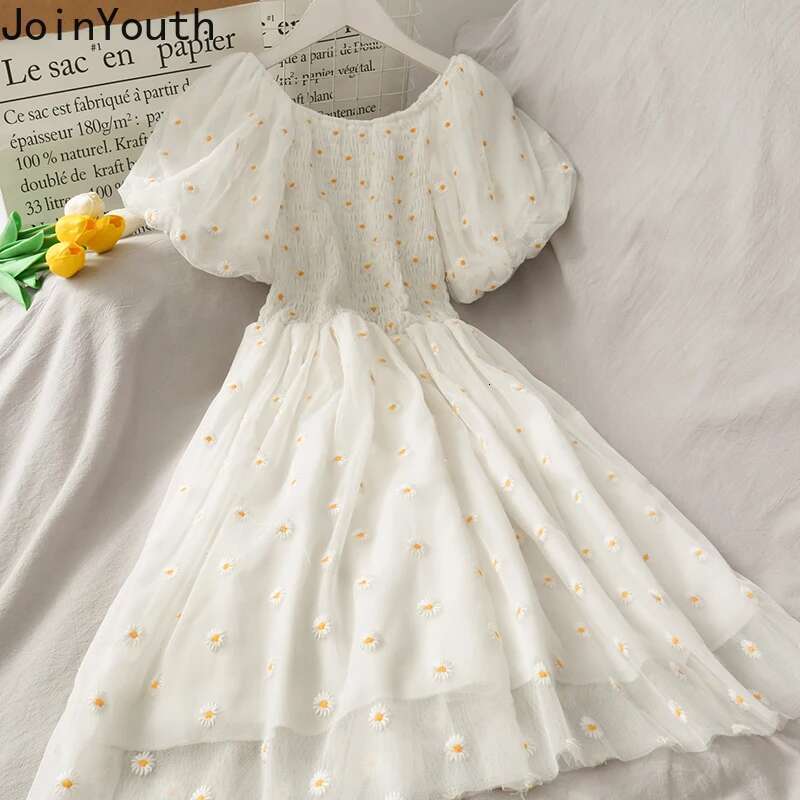 Joinyouth Sweet Dress for Women 2025 Summer Robe Korean Fashion Pleated Dresses Slash Neck Puff Sleeve Print Gauze Dresses 7b994