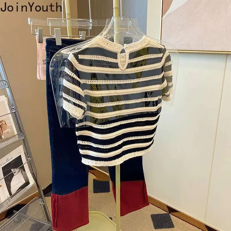 Striped Tshirts Women Clothing O-neck Short Sleeve Summer Tees Fashion Hollow Out Knitted Casual T Shirts Tops 2025 Ropa Mujer