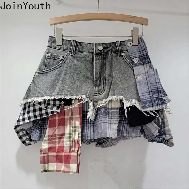 Y2k Skirts for Women 2025 Faldas Mujer De Moda High Waist Casual Chic Jupe Korean Summer Saia Patchwork Plaid Denim Mini Skirt