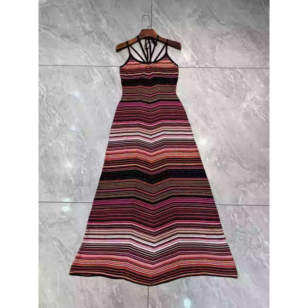 Striped Knitted Long Dress For Women Spring Summer Sequined Design Hanging Neck Casual Sleeveless Robes