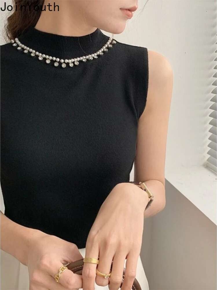 Women Clothing Temperament Vest Beading O-neck Sleeveless Tunic Camis Ropa Mujer Knitting Crop Tops Fashion Korean Tanks 63c215