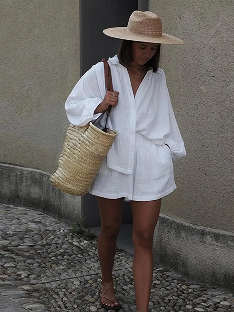 Solid Cotton Linen Button Shirt Set For Women Casual Elastic Waist Wide Leg Short Pants Suit 2025 Summer Daily Commute Outfit 250617