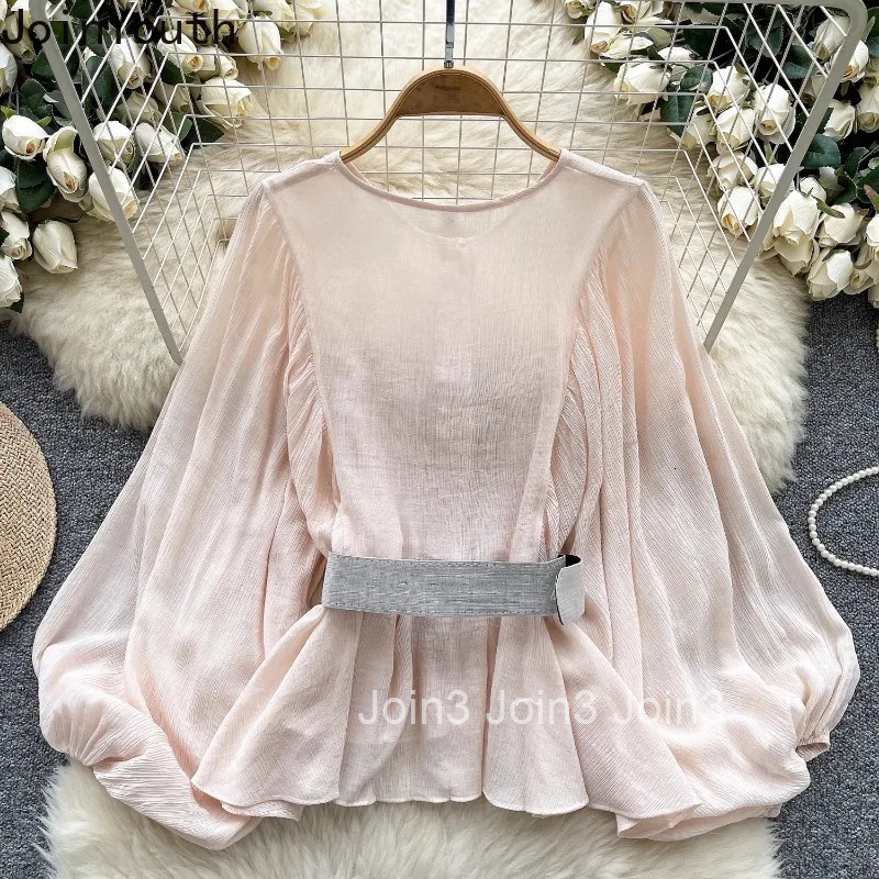 2025 Blusas Mujer De Moda Vintage Women Shirt Folds Slim Waist Blouses Long Sleeve O-neck Temperament Tops Puff Sleeve Chic Tops