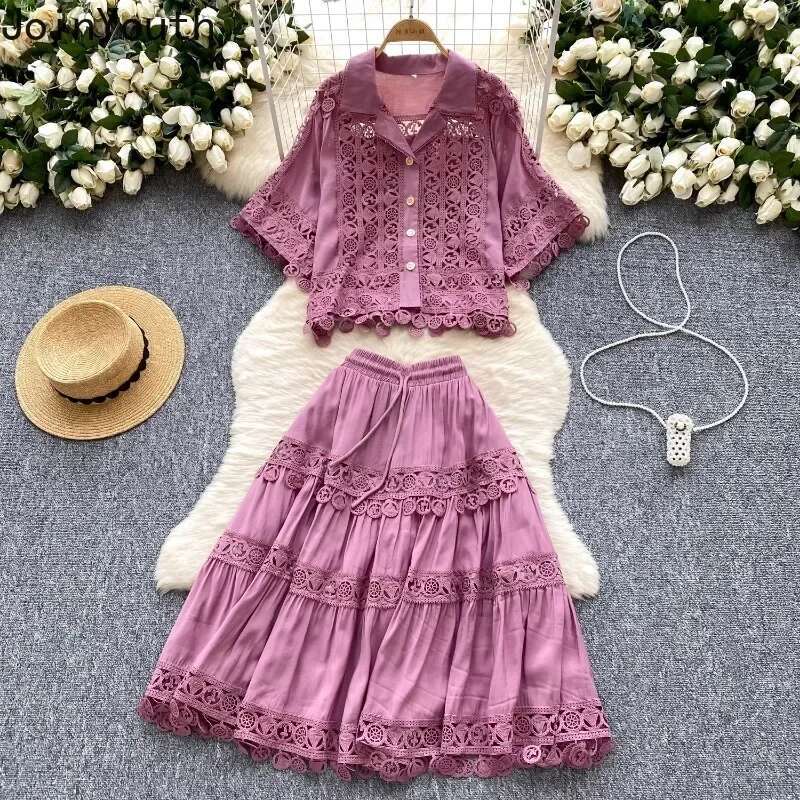 Skirt Suit 2 Piece Sets Women Outfits Short Sleeve Hollow Out Blouses Slim Waist Patchwork Lace A-line Skirts Set Summer Clothes