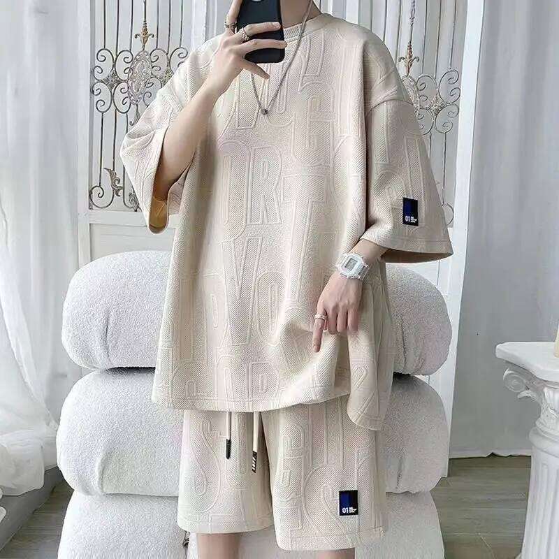 2025 3D New Waffle Tz30 Summer Casual T-Shirt + Shorts Suit Men's Tracksuit Solid Color Tracksuit Loose Suit
