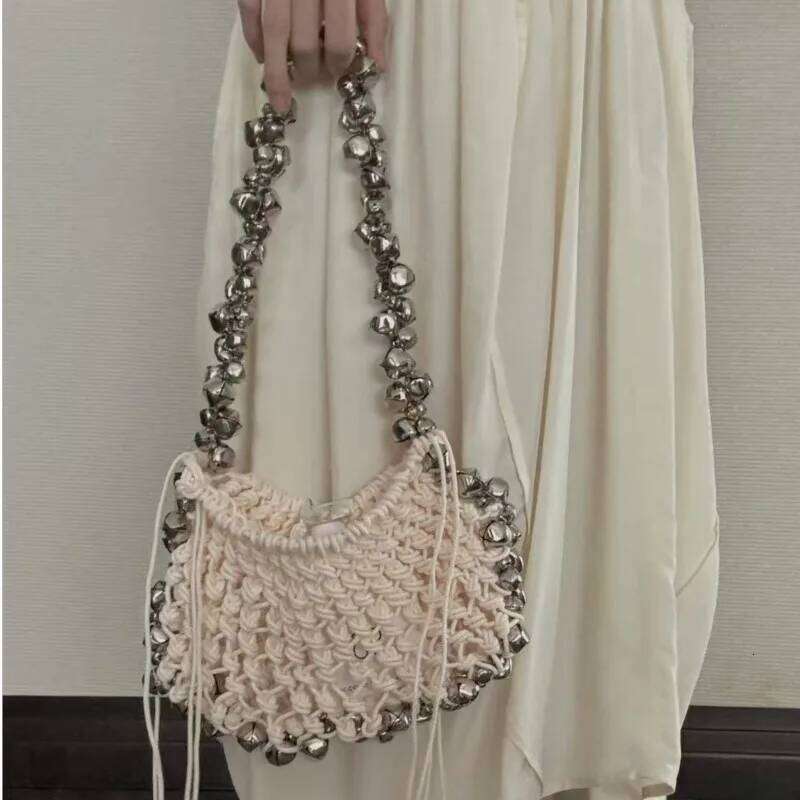 Women Bell Bucket Handba Hand Woven Net Evening Wedding Party Clutch Purse Crossbody Bag