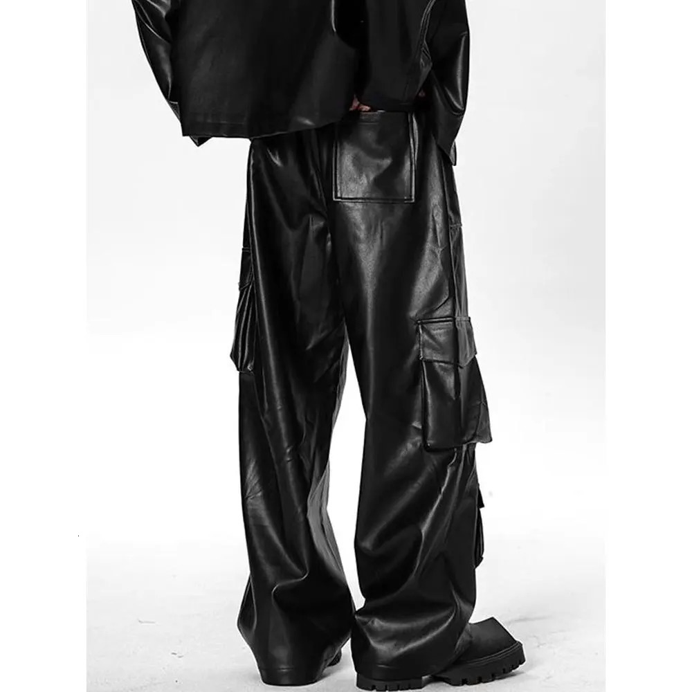 Men Leather Pants Floor Length Cargo Pant Pu Loose Casual Straight Trousers Regular Solid Splice Button Pocket Autumn Winter 250614
