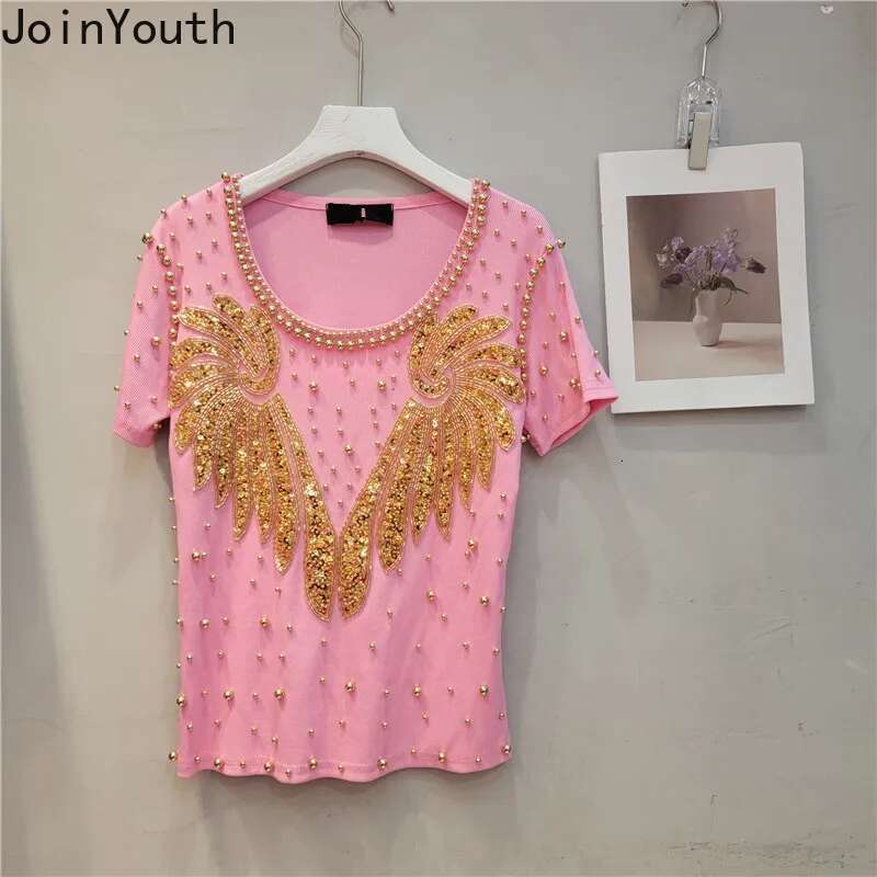Fashion Heavy Beading T Shirts Women Diamond Casual Summer Tees 2025 Ropa Mmujer Y2k Tshirts O-neck Short Sleeve White T-shirt