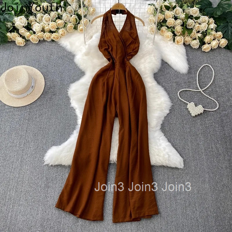 Summer Jumpsuits for Women Temperament Sexy Backless Bodysuit Slim Waist High Waist Straight Wide Leg Pants Chic Korean Playsuit