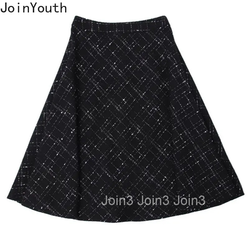 Vintage Black Plaid Women Skirt 2025 Faldas Mujer De Moda Korean Temperament Jupe High Waist A-line Saia Thicked Tunic Skirts