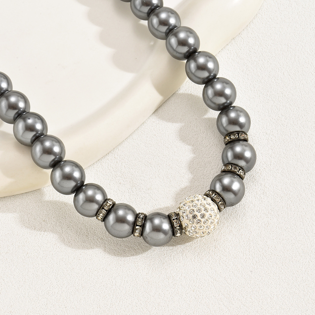 Faux Pearl Necklace With Zircon Inlay, Elegant Dark Gray Clarbone Chain, Chain