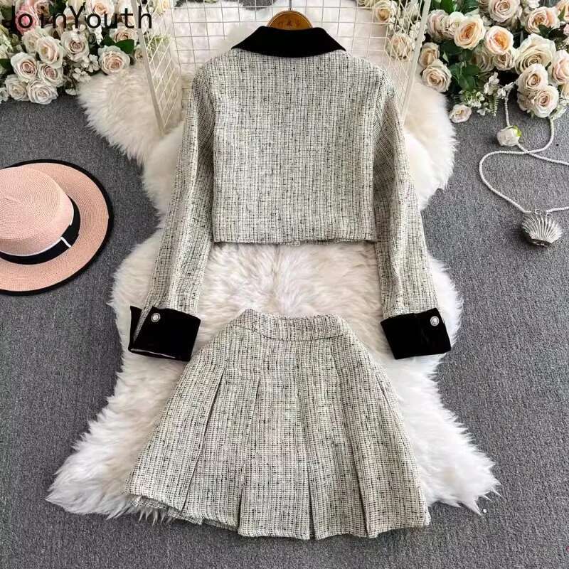 Skirt Outfits Vintage Womens Two Piece Sets Roupas Femme Double-breasted Bow Crop Coats High Waist Pleated Mini Skirts Suit