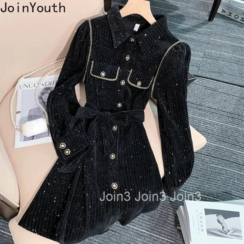 Vintage Temperament Robe Femme Black Dresses for Women Slim Waist Bandage A-line Long Sleeve Dress 2025 Vestidos De Mujer 27s746