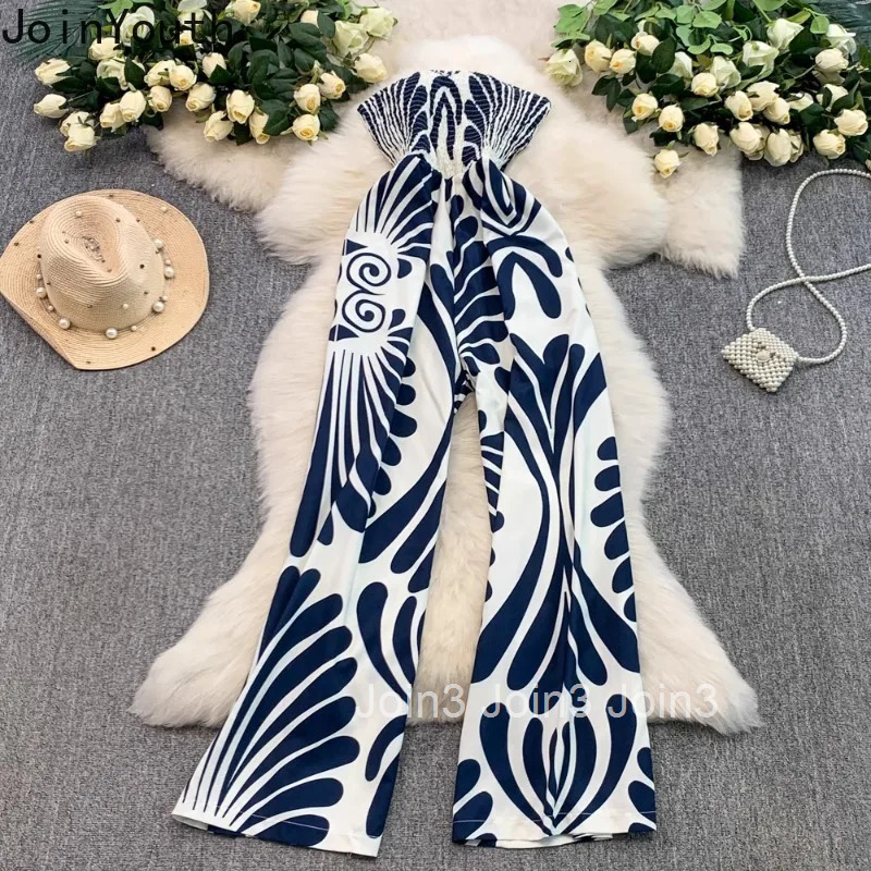 Sexy Jumpsuit Slash Neck Strapless Jump Suit for Women Floral Folds Slim Waist Rompers Fashion Summer Wide Leg Pants Palysuit