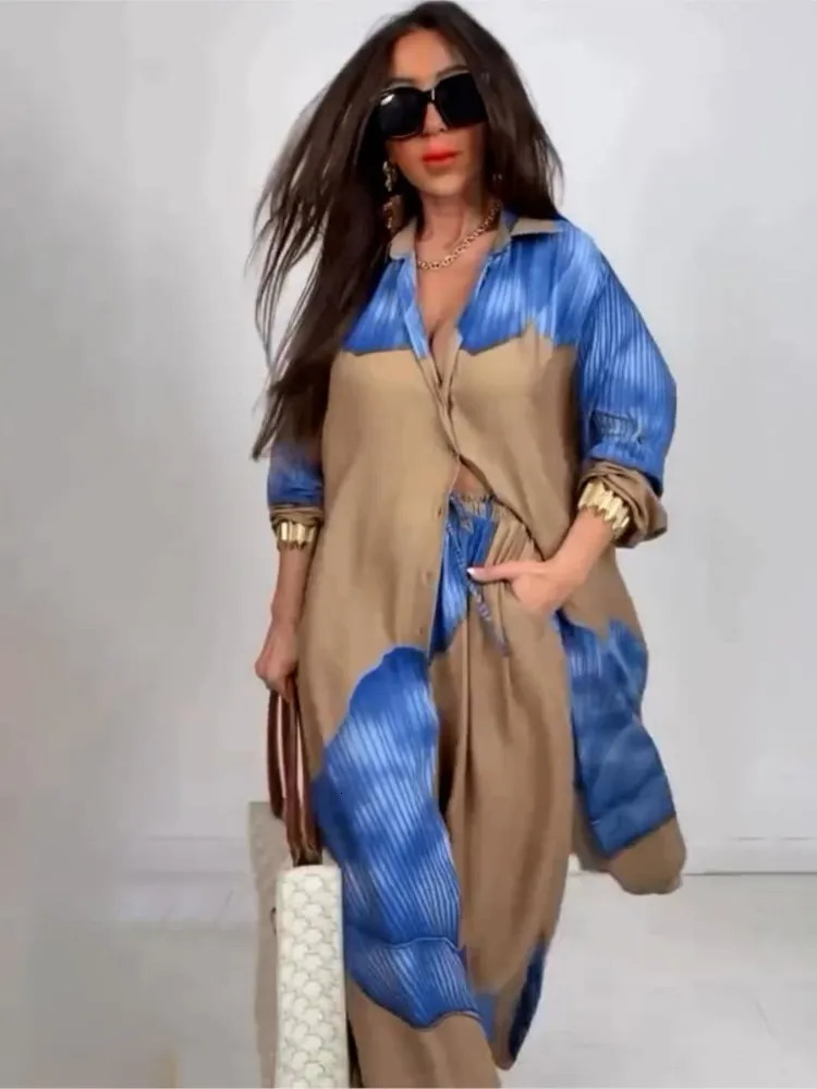 Female Fashion Print Set Casual Long Sleeve Loose Shirt Tops High Waist Wide Pants Sets Two Piece Sets For Women Spring Autumn 250617