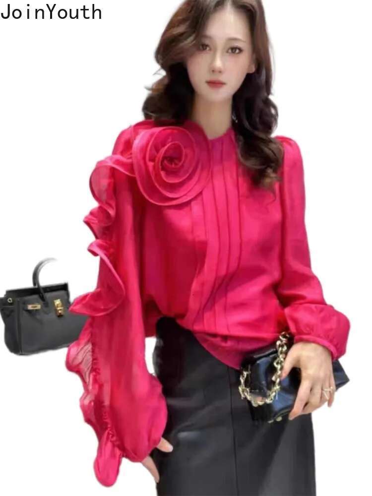 2025 Camisas De Mujer Chic Blouses for Women Temperament Lady Tops Solid Color 3D Floral Shirts Fashion Summer Vintage Blouse