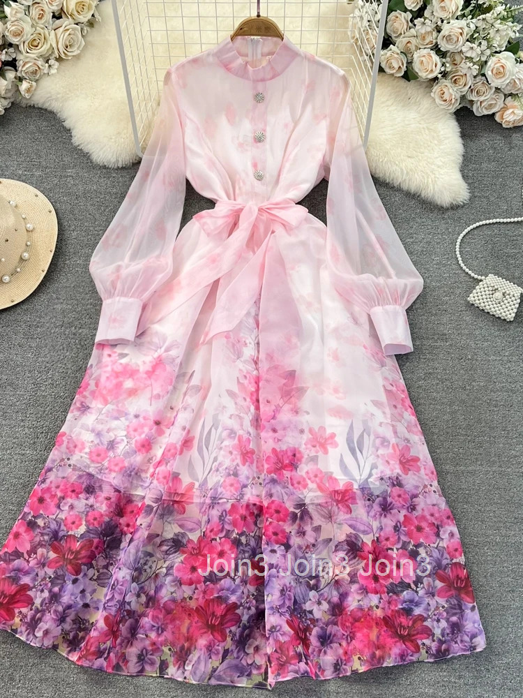 Vintage Dress for Women Lantern Sleeve Stand Neck Robe Femme 2025 Vestidos De Mujer Tunic Big Swing Summer Floral Maxi Dresses