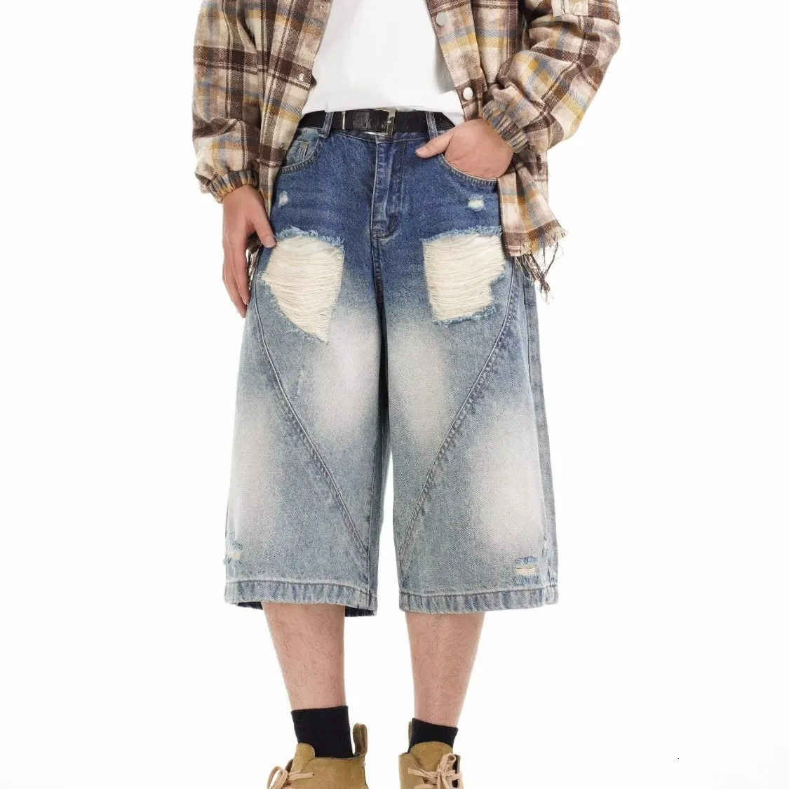 DM Mens Ripped Denim Shorts Vintage Knee Length Jean Shorts Streetwear Korean Oversize Cowboy Short Pants 250618