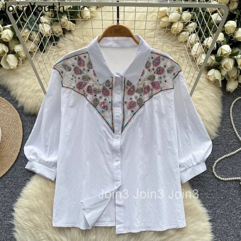 2025 Blusas Mujer De Moda Vintage Blouse Women Clothes Patchwork Sequin Embroidery Shirts Casual Long Sleeve Loose Blouses Tops