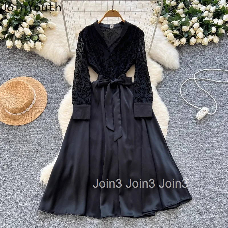 Temperament Robe Femme Maxi Dresses Chic Women Clothing 2025 Vestidos De Mujer V-neck Flocking Floral High Waist Bandage Dress