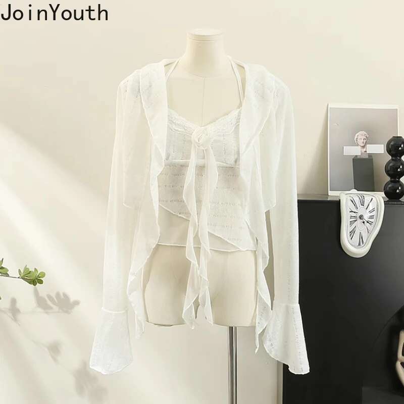 2025 Womens Clothing Two Piece Sets Ruffles Long Sleeve Blouses 3D Floral Patchwork Vest Outfits Roupas Femme Chic Summer Suit