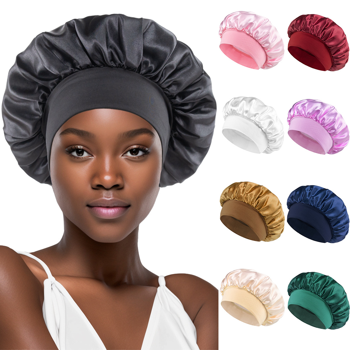 1PC Women's Satin Hair Sleep Cap Solid Bonnets Wide-brimmed Sleep Caps Bathing Hat Unisex Head Wrap Elastic Band Cap Hair Care Bonnet Silk Bonnet