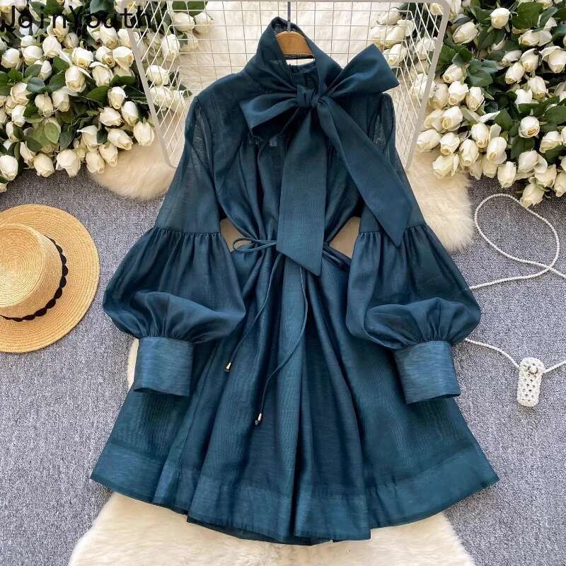 2025 Vestidos De Mujer Chic Dress for Women Solid Color Vintage Temperament Robe Femme Lantern Sleeve Bandage A-line Dresses