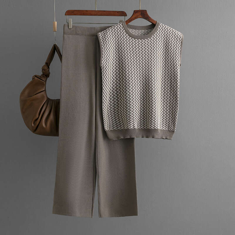 Fashion Set for Women New Sleeveless Striped Knit Top Two-Piece High-Waisted Straight-Leg Wide-Leg Pants