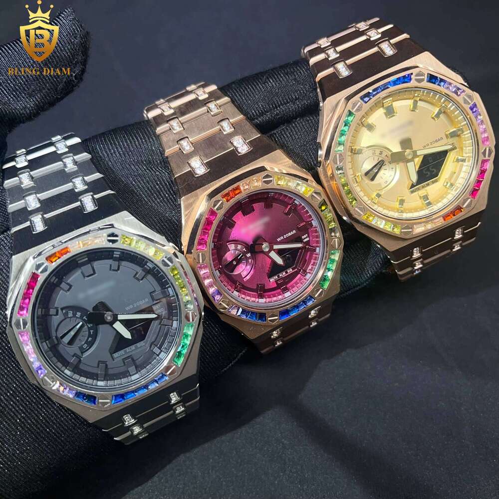 New Arrival Fashion Product Hip Hop Jewelry Luxury Watches for Men Stainless Steel Zircon Diamond Colorful Stone