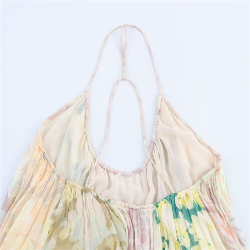 2025 Spring/Summer New Casual Women's Flower Printed Patchtop Dress with Strap and Bareback Decoration