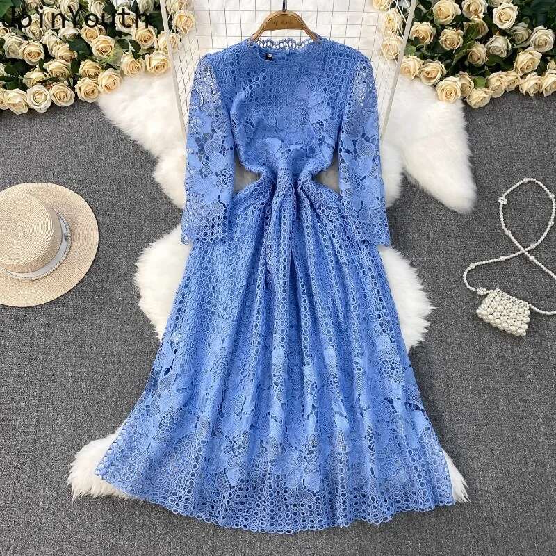 Womens Clothing Elegant Dresses Lace Patchwork O-neck Robe Femme Slim Waist Vintage Hollow Out Dress 2025 Vestidos De Mujer