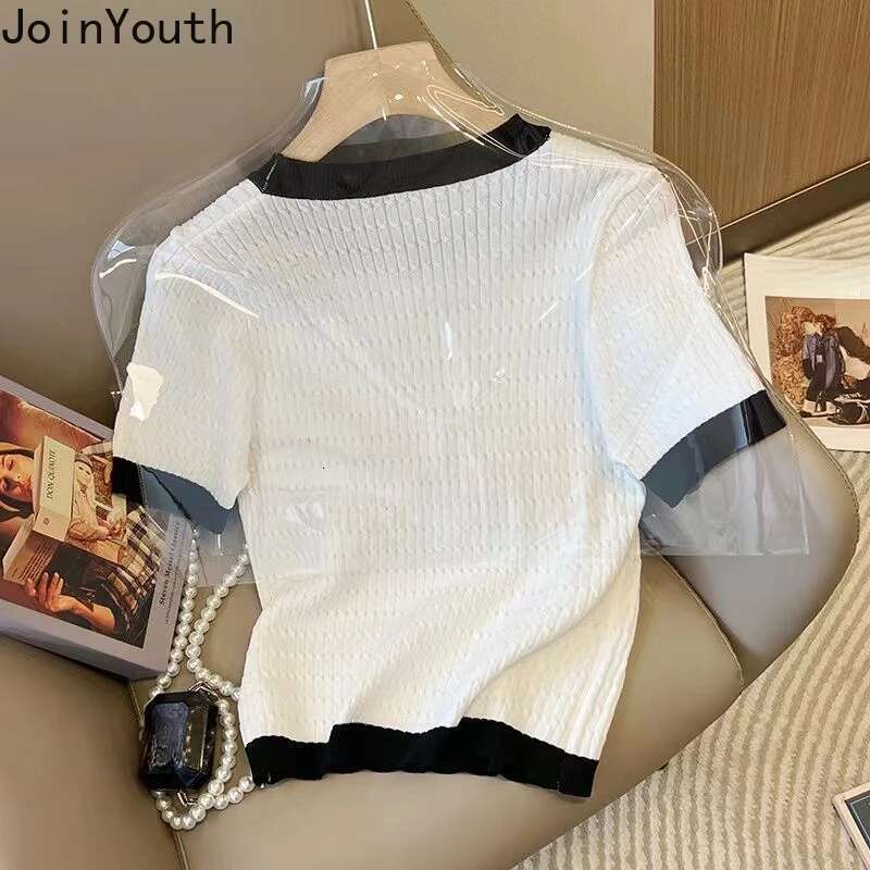 Knitted Woman Tshirts Ropa Mujer Short Sleeve O-neck Summer Tees Loose Fashion Korean T Shirt Crop Tops 2025 Shirts for Women