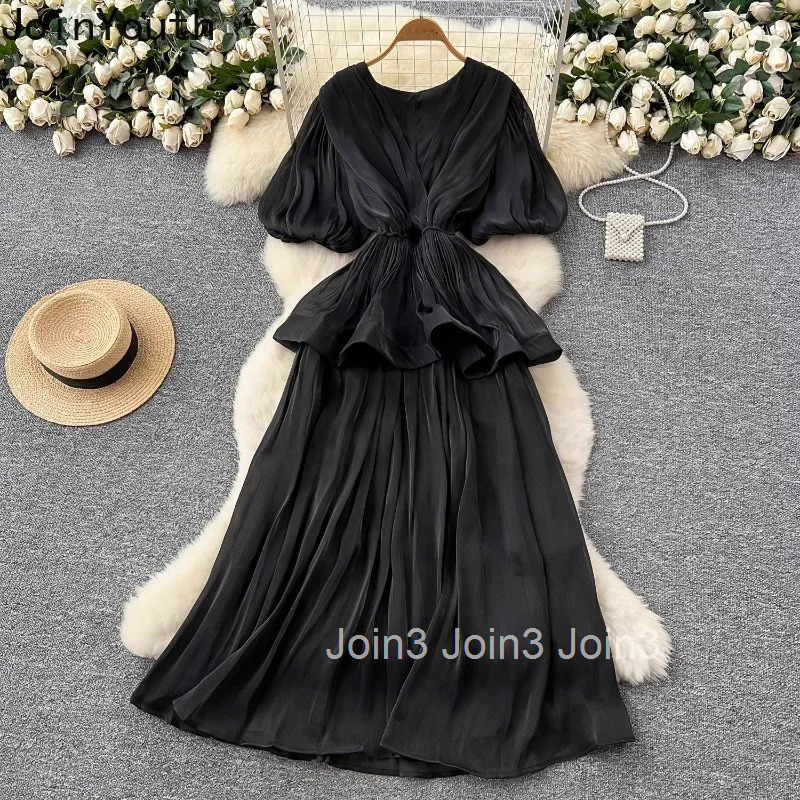 2025 Vestidos De Mujer Summer Dress for Women V-neck Puff Sleeve Slim Waist Robe Femme Ruffles Gauze Temperament Maxi Dresses