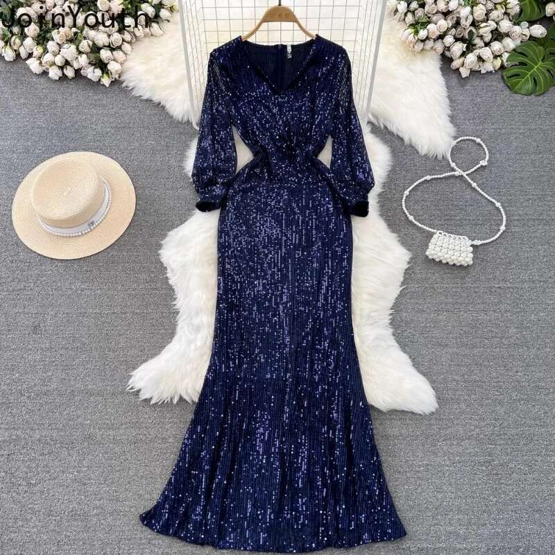 2025 Vestidos De Mujer Party Dresses for Womens V-neck Lantern Sleeve Tunic Temperament Robe Femme Sequin Bodycon Maxi Dress