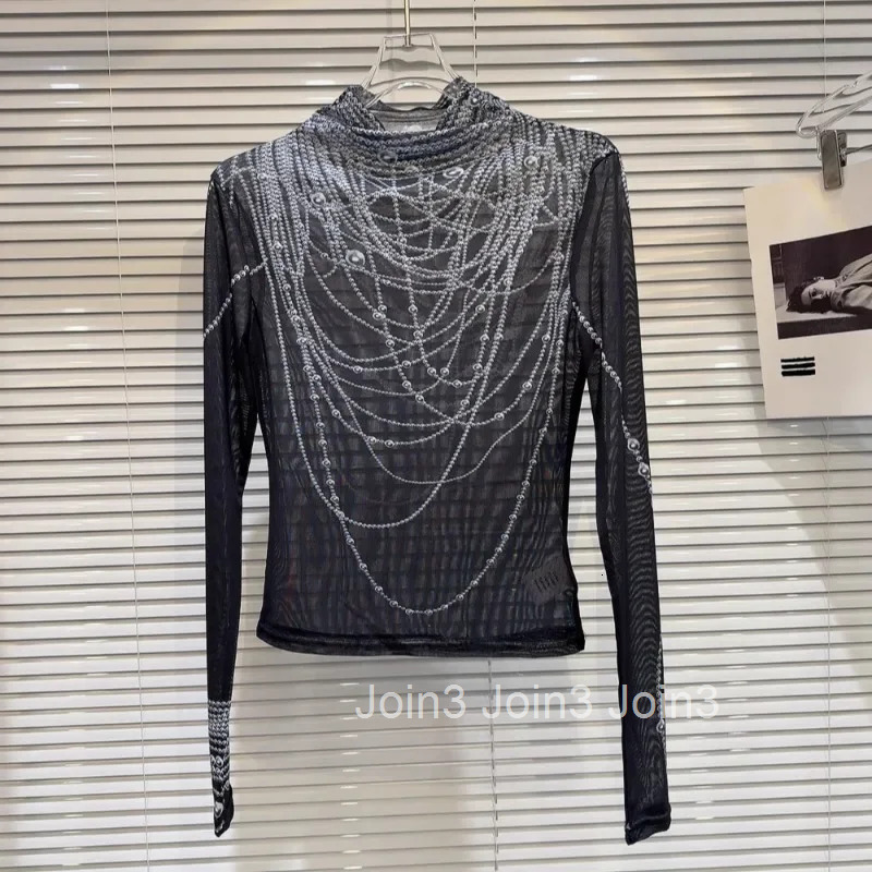 Sexy Tshirts Womens Clothing Turtleneck Long Sleeve Tunic Tees Chic Pearl Print Camisetas Y2k Tops See Through Gauze T-shirt