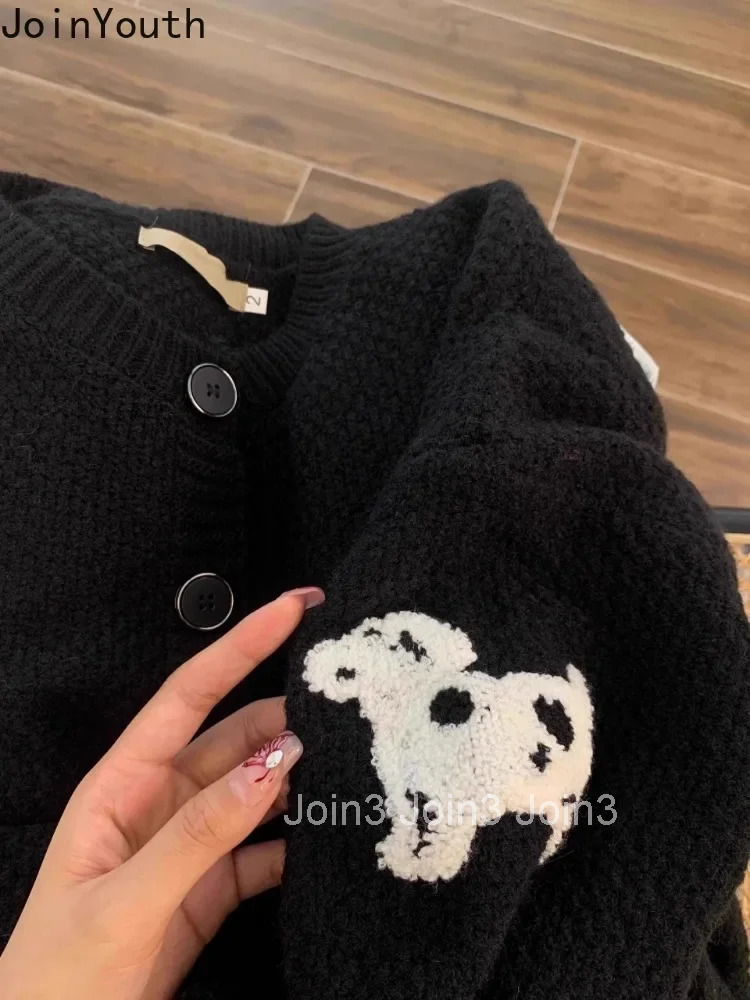 Dog Black Cardigan Women Winter Clothing Sueter Mujer O-neck Fashion Thicked Knitting Sweater Jackets Vintage Korean Pull Femme