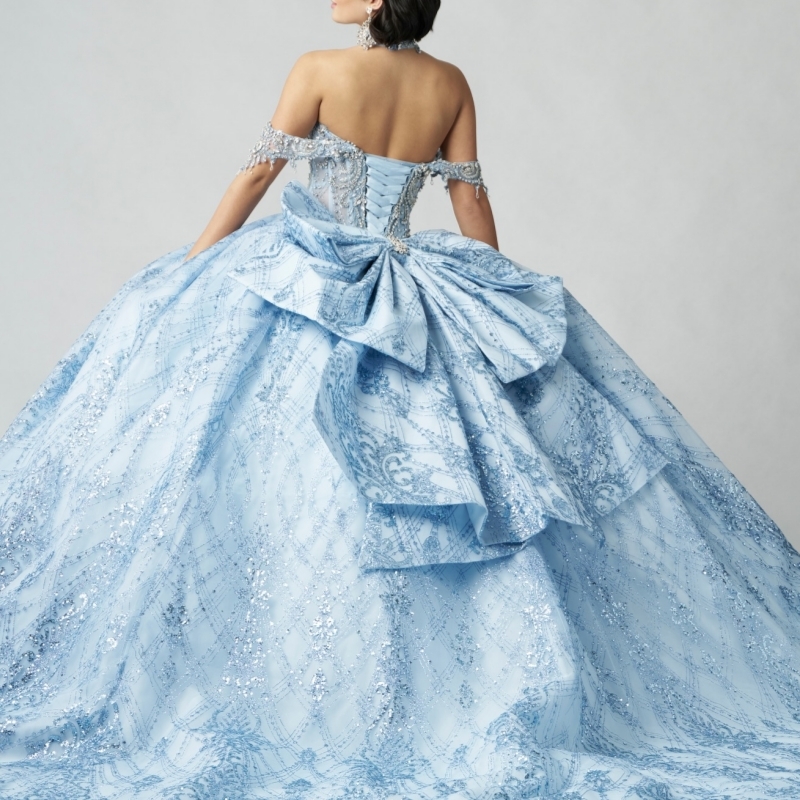 Blue Shiny Quinceanera Dresses Ball Gown Off The Shoulder Applique Lace Beading Crystal Tull Sweet 16 Dress Vestidos 15 De Anos