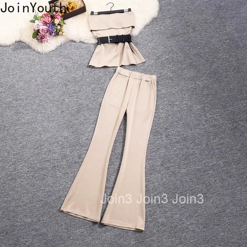 Temperament Womens Clothing 2 Piece Sets Pants Outfits Roupas Femme Slash Neck Tunix Zipper Vest High Waist Flare Pants Suit