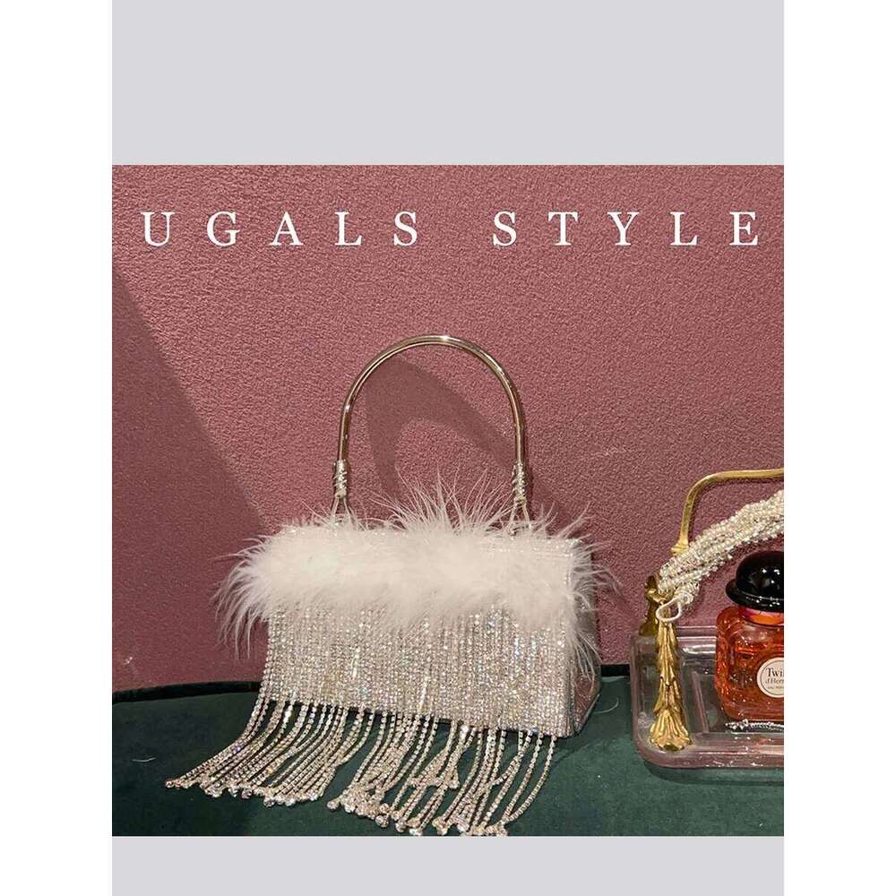 Designer Bag Rhinestone Evening Purses For Women Tassel Ostrich Feather Shiny Dinner Party Wedding Handbag Bucket Shoulder Bag