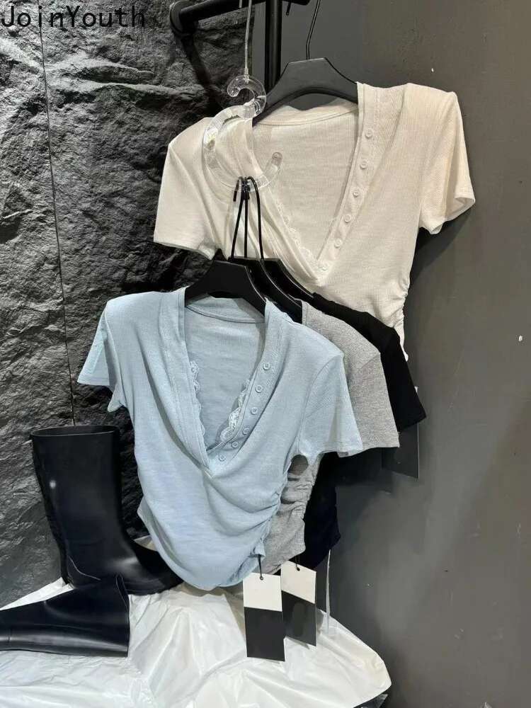 Patchwork Lace Ve-neck T Shirts 2025 Women Clothing Short Sleeve Tunic Camisetas Ropa Mujer Casual Fashion Summer Tshirt Tops