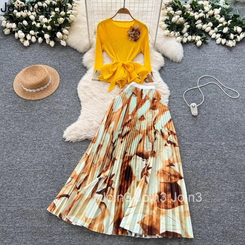Women Clothing 2 Piece Sets Slim Waist 3D Floral Tops High Waist Print Pleated Skirt Outfits Vintage Roupas Femme Korean Suit