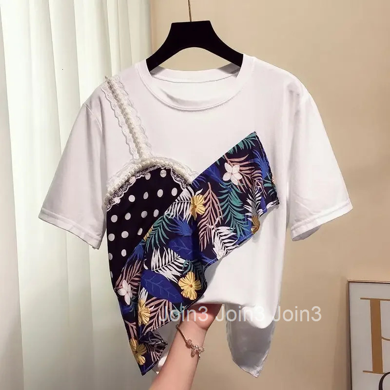 Contrast Color Tshirts for Women Summer Tees Fashion Korean Camisetas Print Beading Casual Tops Short Sleeve Loose Y2k T Shirt