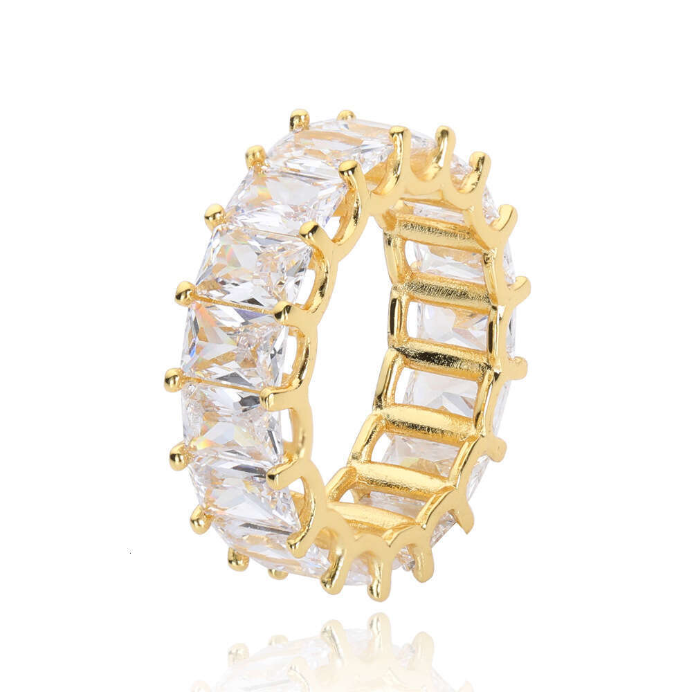New 7mm Single Row Rectangular Zircon Real Gold Plated Trendy Hip-Hop Men's Ring 6543