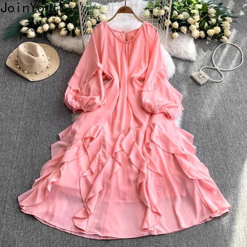 2025 Vestidos De Mujer Vintage Dress for Women Beading O-neck Lantern Sleeve Solid Color Robe Femme Ruffles Sweet Summer Dresses