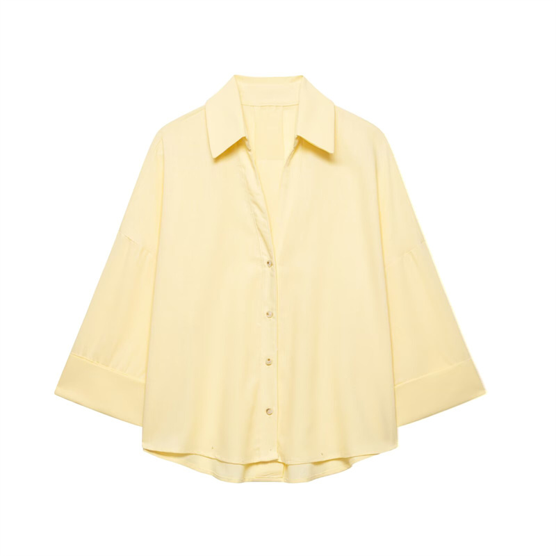 2025 Spring/Summer New Product Casual Women's Wide Sleeve Shirt with Collar and Buckle Solid Color Decoration